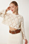 Women's Cream Spanish Sleeve Curved Crop Knitwear Sweatshirt DM00105 - 3