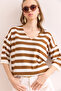 Women's White V-Neck Striped Short Sleeve Knitwear Blouse Blz- 19002837 - 5