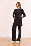 Women's Black Top Slit Blouse Bottom Palazzo Corded Fabric Set TKM-19000180 - 2