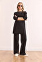 Women's Black Top Slit Blouse Bottom Palazzo Corded Fabric Set TKM-19000180 - 5