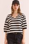 Women's Black V-Neck Striped Short Sleeve Knitwear Blouse Blz- 19002837 - 2