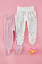 Ekru-Pembe 2'li Kız Bebek %100 Pamuk Baskılı Patikli Örme Pantolon TKDSS25PL00011
