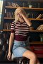 Claret Red Crew Neck Striped Women's T-Shirt Mg2400 - 4