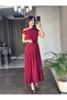 Burgundy Low Sleeve Asymmetric Collar Women's Midi Length Dress
