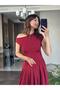 Burgundy Low Sleeve Asymmetric Collar Women's Midi Length Dress - 4