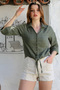Khaki Shirt Collar Button Long Sleeve Tie Washed Casual Woven Shirt 58 51 - 4