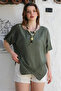 Khaki Pool Collar Pocket Mesh Detailed Washed Casual Asymmetrical Woven Blouse 70 65 - 4