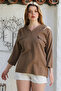 Light Brown Hooded Buttoned Long Sleeve Double Cap Pocket Washable Casual Woven Blouse 72 62 - 4