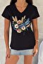 Women's Black V-Neck Dragonfly Pattern Sequin Bead Embroidered 100% Cotton T-Shirt - 2
