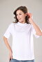100% Organic Cotton Women's White Basic Ribbed Stand Collar Knitted T-Shirt - 5