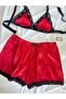 Red Black Lace Detailed Satin Bralet Shorts Pajama Set - 4