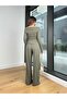 Khaki Modal Draped Asymmetrical Blouse and Pants Double Set - 7079 - 3