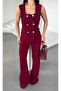 Women's Square Collar Classic Vest Trouser Suit Burgundy - 4