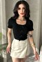 Women's Black Bow Corded Fabric Knit Blouse - 2