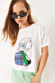 Women's White Printed Oversize Short Sleeve Combed Cotton T-Shirt 3072 60283080 - 3