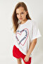 Women's White Heart Embroidered Oversize T-Shirt 6009 60283086 - 2