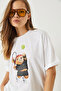 Women's White Tennis Player Teddy Printed Oversize T-Shirt 6005 60283084 - 6