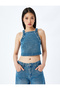 Stone Detailed Back Lace up Crop Sleeveless Denim Blouse - 3
