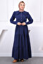 Navy Blue Baby Collar Belted Gofra Dress - 2