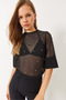 Women's Black Stone Printed Short Sleeve Crew Neck Transparent Blouse 60284020 - 2