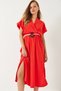Women's Pomegranate Flower Double Breasted Collar Belted Slit Detailed Short Sleeve Dress 60261461 - 5