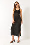 Women's Black V-Neck Slit Detailed Openwork Dress 60261558 - 3