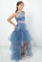Stone Print Detailed Tulle Evening Dress Indigo Mdv340 - 4