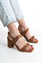 Women's Thick Heeled Three Buckle Double Strap Tan Suede Sandals Casual Heeled Shoes
