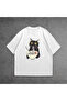 Noodle Cat/Cat Printed Oversized White Unisex/Women/Men Tee - 3