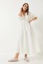 Women's White V-Neck Muslin Fabric Elastic Waist Balloon Sleeve Midi Dress 60283096 - 4