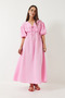 Women's Powder V-Neck Muslin Fabric Elastic Waist Balloon Sleeve Midi Dress 60283096 - 2