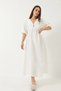 Women's White V-Neck Muslin Fabric Elastic Waist Balloon Sleeve Midi Dress 60283096 - 3