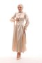 Lia Beige Homecoming Evening Dress - Satin Hijab Dress with Pleated Chest and Sleeves Bow - 2