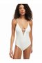 Deep V-Neck Swimsuit Piping Detailed Textured Strap Covered