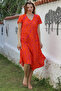 Orange V-Neck Low Sleeve Allover Printed Casual Viscose Woven Dress 115 66 - 5