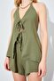 Women's Khaki Muslin Fabric Blouse Shorts Set with Rope Tie on the Front - 6