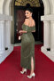 Beaded Tulle Fabric Strapless Pencil Dress - Khaki Green - 5