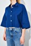 Women's Navy Blue Low Sleeve Striped Crop Poplin Shirt - 6