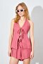 Women's Rose Front Rope Tied Muslin Fabric Blouse Shorts Set - 4
