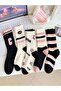 Economical Pack of 5 Pink-Black-Ecru Patterned Unisex Tennis Socks Set