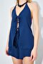 Women's Light Navy Blue Front Tie Rope Muslin Fabric Blouse Shorts Suit - 6