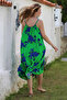 Green Skirt with Hidden Pocket, Ruffled Adjustable Straps, Casual Viscose Woven Dress 128 66 - 8