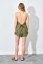 Women's Khaki Muslin Fabric Blouse Shorts Set with Rope Tie on the Front - 7
