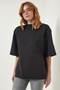 Back Zipper Detailed Knitted Scuba T-Shirt Black Lkj0005 - 2
