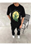 Front and Back Printed Oversized Crew Neck T-Shirt - Black - 3
