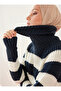 Thessaloniki Knitted Side Slit Transverse Striped Knitwear Tunic Indigo - 2