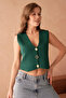 Women's Stretchy Knitwear Fabric Stylish Button Design Emerald Green Basic Crop Vest 9902