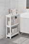 Slim White Rectangular 3-Tier Shelving Unit with Wheels - Bathroom Kitchen Organizer Shelf Modern