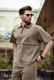 Brown Zippered Polo Neck Men's Shorts Shirt Set E7314 - 3