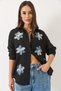 Women's Black Tulle Flower Accessory Long Sleeve Cotton Shirt 6526 60283057 - 4